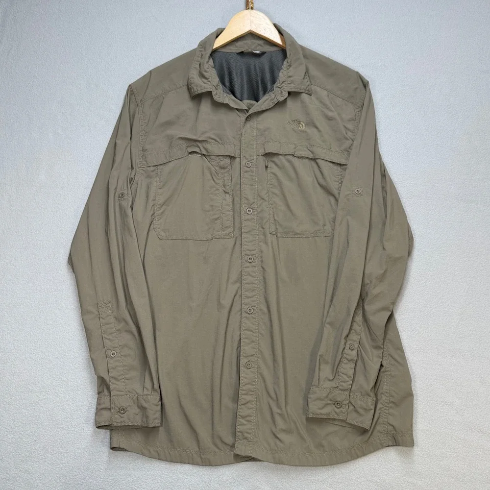 The North Face Mens XL Long Sleeve Hiking Shirt Olive Ripstop Nylon Button Down